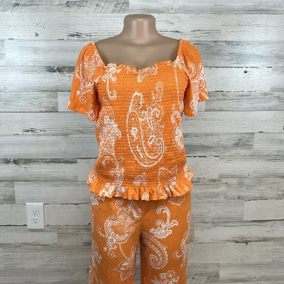 Cato Smocked Floral Crinkle Fabric Pant Set Women’s Size Medium Vacation Summer - Picture 2 of 8